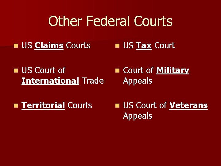 Other Federal Courts n US Claims Courts n US Tax Court n US Court