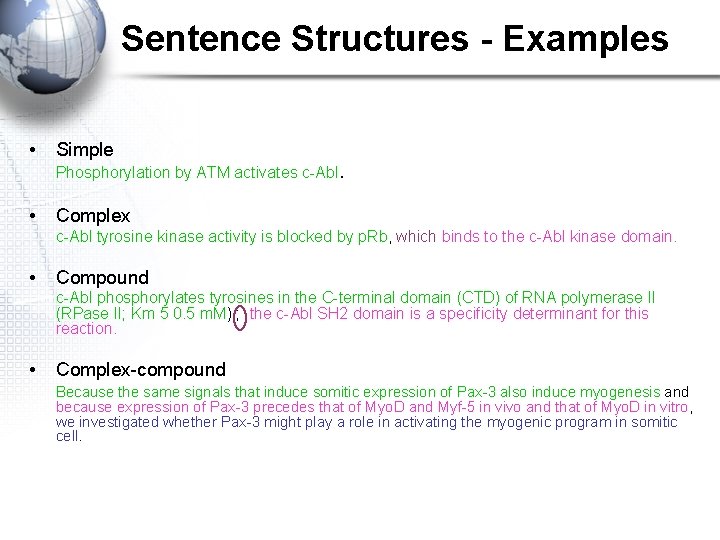 Sentence Structures - Examples • Simple Phosphorylation by ATM activates c-Abl. • Complex c-Abl