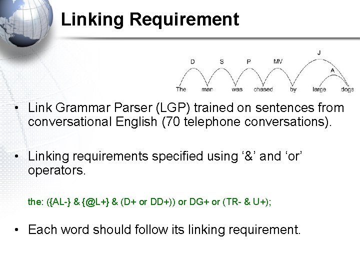 Linking Requirement • Link Grammar Parser (LGP) trained on sentences from conversational English (70