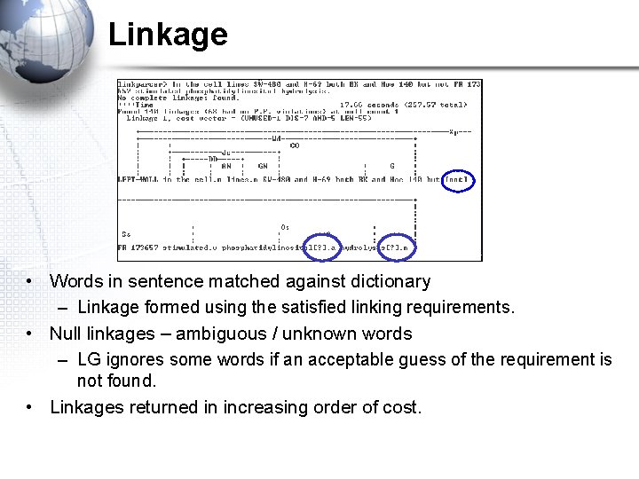 Linkage • Words in sentence matched against dictionary – Linkage formed using the satisfied