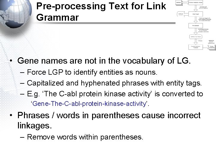 Pre-processing Text for Link Grammar • Gene names are not in the vocabulary of