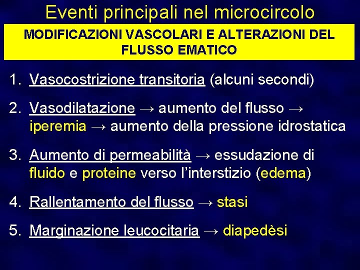 Eventi principali nel microcircolo MODIFICAZIONI VASCOLARI E ALTERAZIONI DEL FLUSSO EMATICO 1. Vasocostrizione transitoria