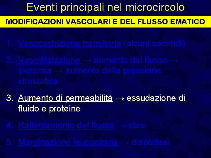 Eventi principali nel microcircolo MODIFICAZIONI VASCOLARI E DEL FLUSSO EMATICO 1. Vasocostrizione transitoria (alcuni