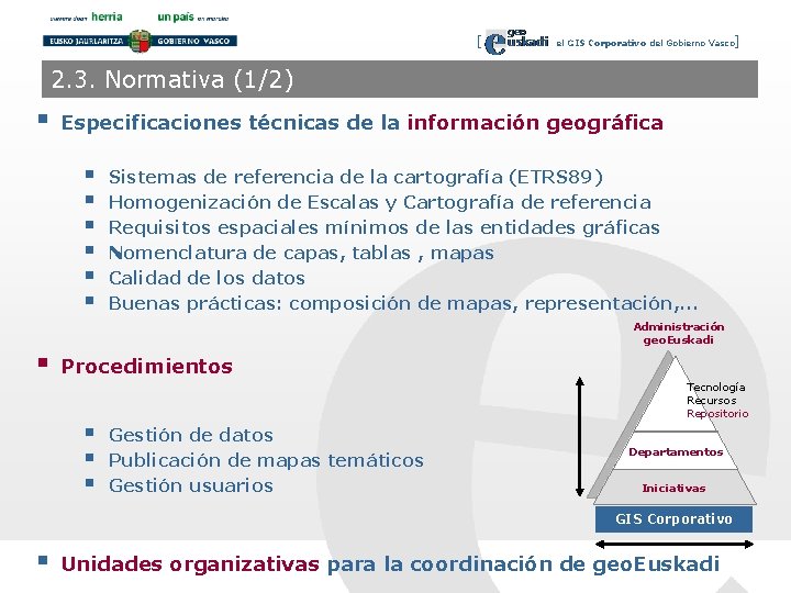 [ el GIS Corporativo del Gobierno Vasco] 2. 3. Normativa (1/2) § Especificaciones técnicas