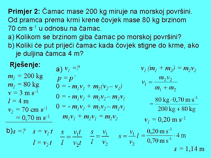 Primjer 2: Čamac mase 200 kg miruje na morskoj površini. Od pramca prema krmi