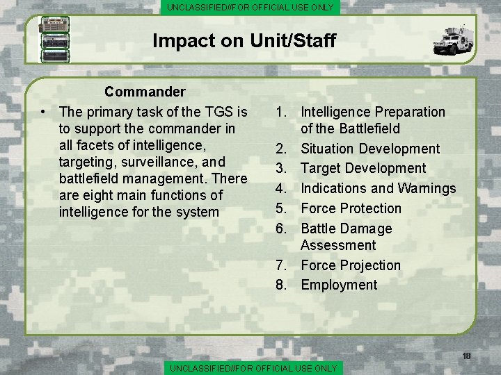 UNCLASSIFIED//FOR OFFICIAL USE ONLY Impact on Unit/Staff Commander • The primary task of the