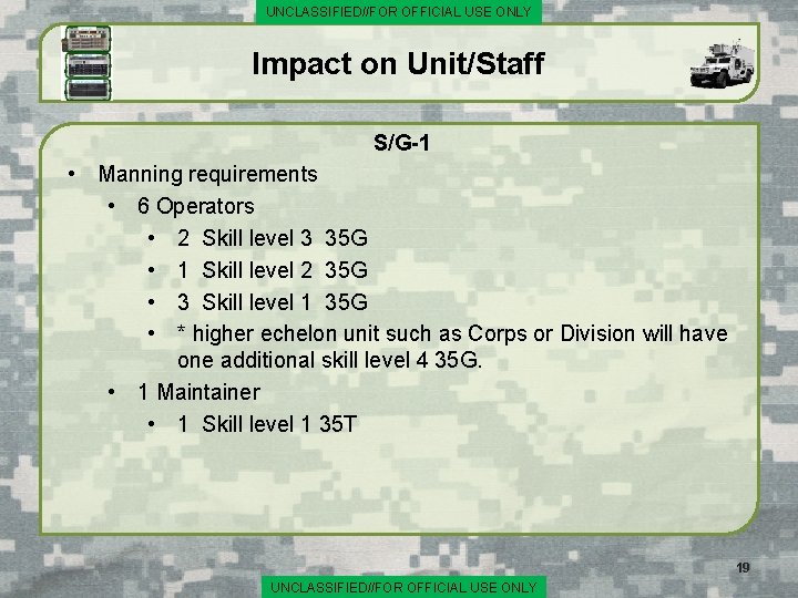 UNCLASSIFIED//FOR OFFICIAL USE ONLY Impact on Unit/Staff S/G-1 • Manning requirements • 6 Operators