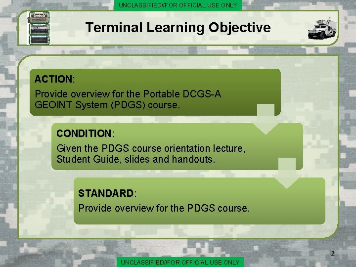 UNCLASSIFIED//FOR OFFICIAL USE ONLY Terminal Learning Objective ACTION: Provide overview for the Portable DCGS-A