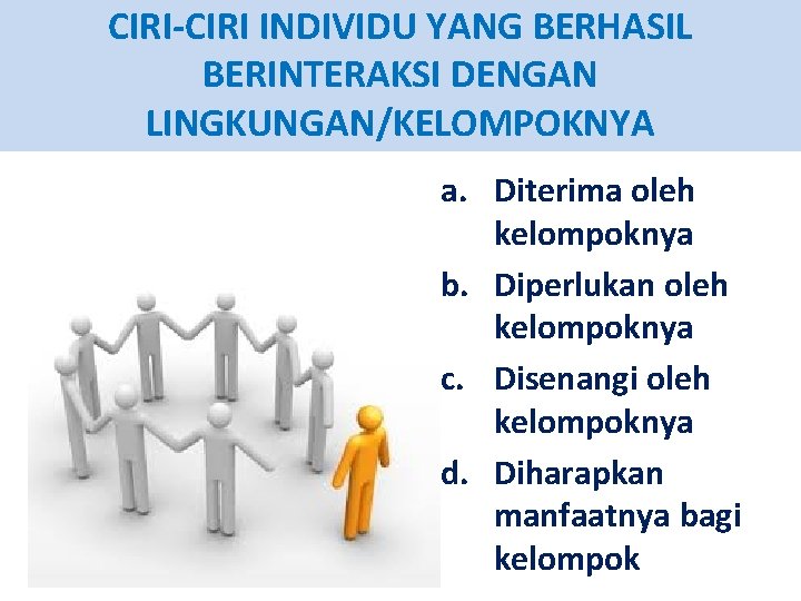 CIRI-CIRI INDIVIDU YANG BERHASIL BERINTERAKSI DENGAN LINGKUNGAN/KELOMPOKNYA a. Diterima oleh kelompoknya b. Diperlukan oleh