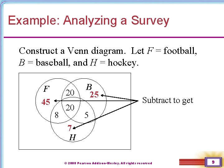 Example: Analyzing a Survey Construct a Venn diagram. Let F = football, B =