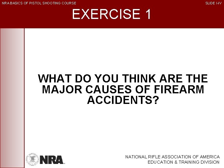 NRA BASICS OF PISTOL SHOOTING COURSE SLIDE I-IV EXERCISE 1 WHAT DO YOU THINK