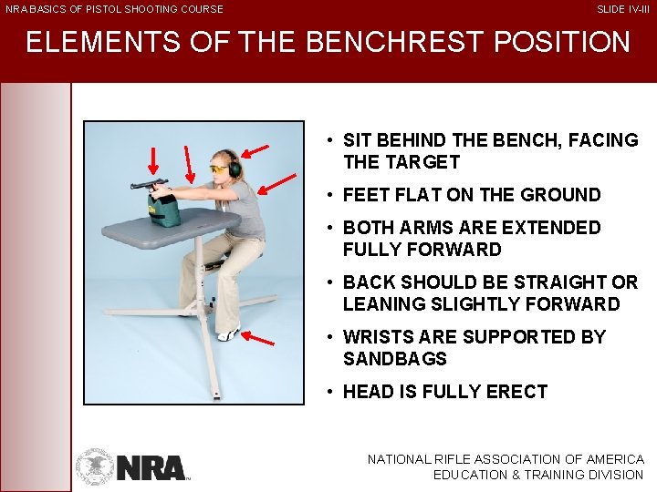 NRA BASICS OF PISTOL SHOOTING COURSE SLIDE IV-III ELEMENTS OF THE BENCHREST POSITION •