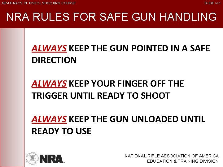 NRA BASICS OF PISTOL SHOOTING COURSE SLIDE I-VI NRA RULES FOR SAFE GUN HANDLING