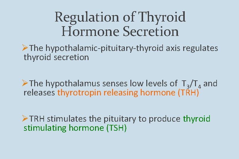 Regulation of Thyroid Hormone Secretion ØThe hypothalamic-pituitary-thyroid axis regulates thyroid secretion ØThe hypothalamus senses