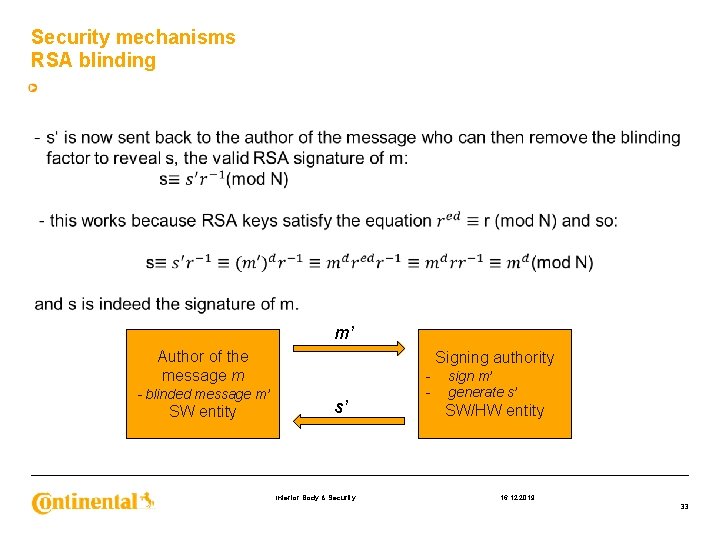 Security mechanisms RSA blinding m’ Author of the message m - blinded message m’