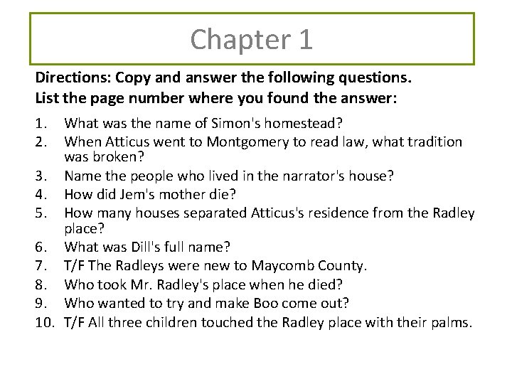 Chapter 1 Directions: Copy and answer the following questions. List the page number where Chapter 1 Directions: Copy and answer the following questions. List the page number where