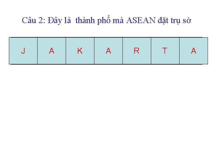 Câu 2: Đây là thành phố mà ASEAN đặt trụ sở J A K