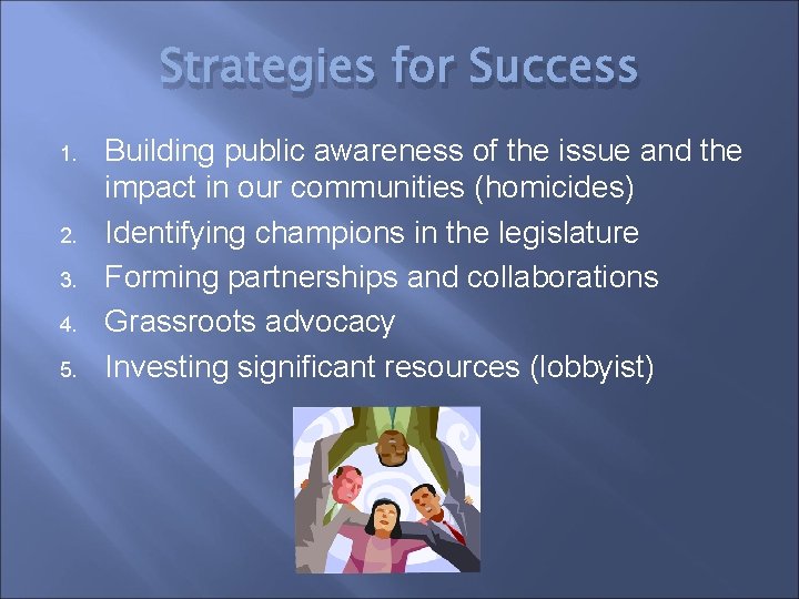 Strategies for Success 1. 2. 3. 4. 5. Building public awareness of the issue