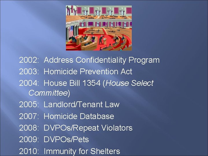 2002: Address Confidentiality Program 2003: Homicide Prevention Act 2004: House Bill 1354 (House Select