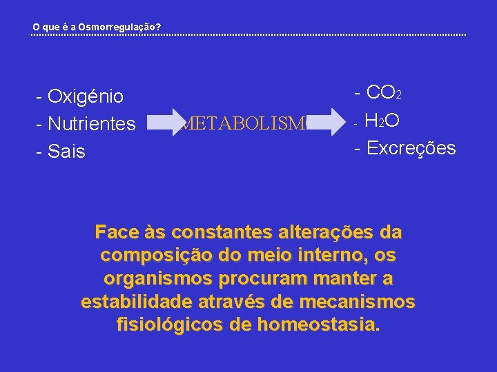 O que é a Osmorregulação? - Oxigénio - Nutrientes - Sais METABOLISMO - CO