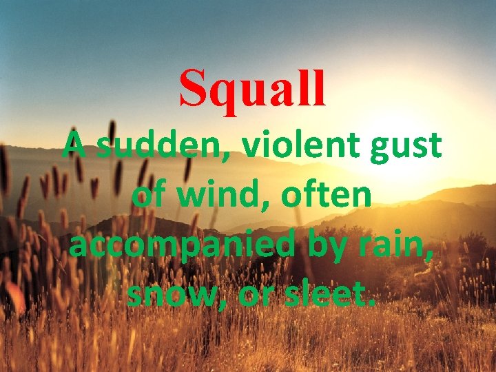 Squall A sudden, violent gust of wind, often accompanied by rain, snow, or sleet.