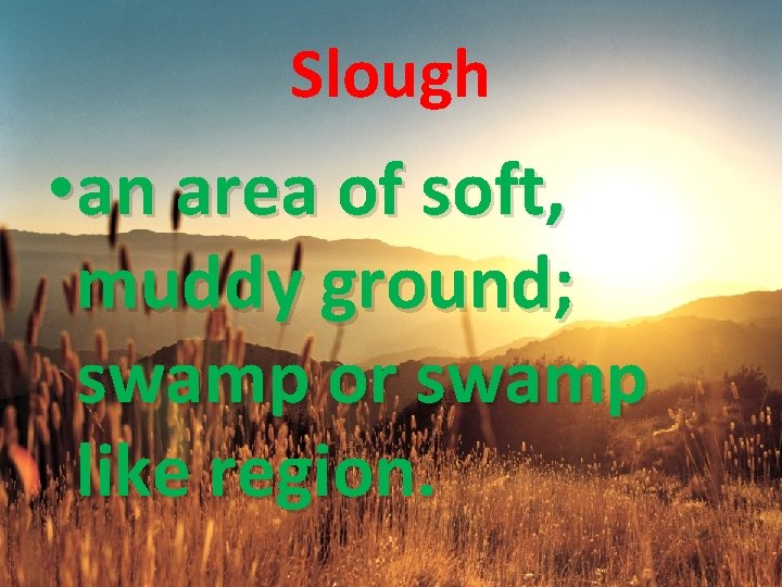 Slough • an area of soft, muddy ground; swamp or swamp like region. 