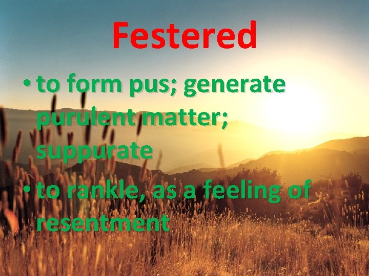 Festered • to form pus; generate purulent matter; suppurate • to rankle, as a