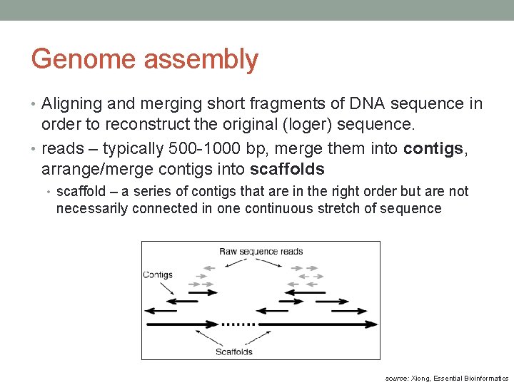 Genome assembly • Aligning and merging short fragments of DNA sequence in order to