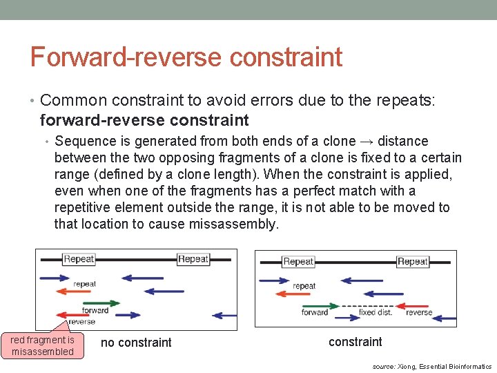 Forward-reverse constraint • Common constraint to avoid errors due to the repeats: forward-reverse constraint