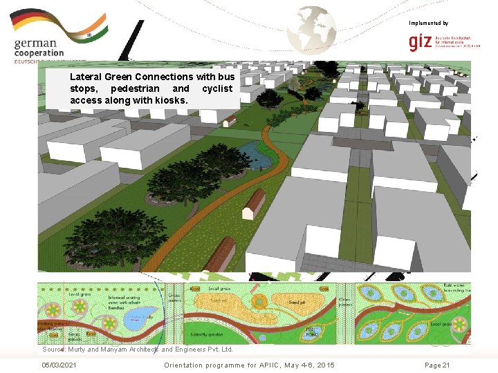 Implemented by Lateral Green Connections with bus stops, pedestrian and cyclist access along with