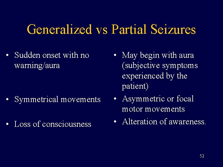 Generalized vs Partial Seizures • Sudden onset with no warning/aura • Symmetrical movements •