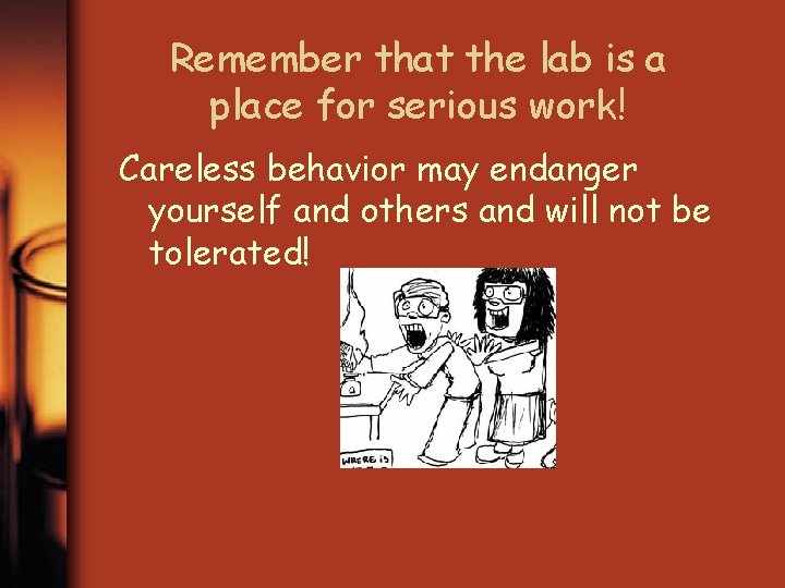 Remember that the lab is a place for serious work! Careless behavior may endanger