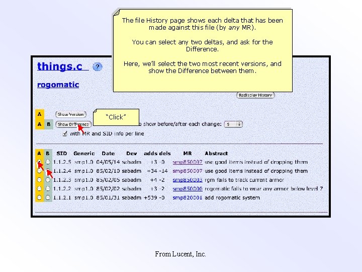 The file History page shows each delta that has been made against this file