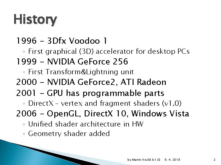 History 1996 - 3 Dfx Voodoo 1 ◦ First graphical (3 D) accelerator for