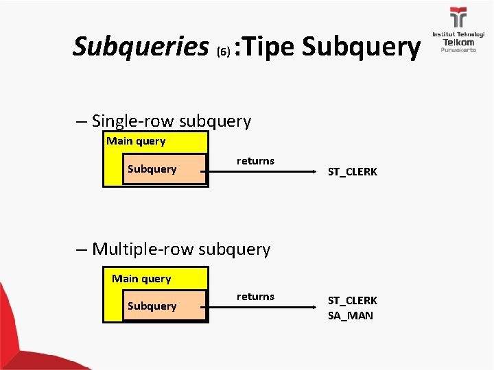 Subqueries (6) : Tipe Subquery – Single-row subquery Main query Subquery returns ST_CLERK –