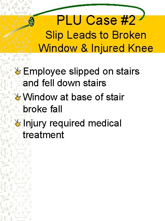 PLU Case #2 Slip Leads to Broken Window & Injured Knee Employee slipped on