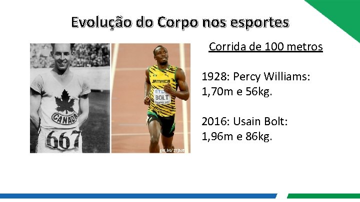 Evolução do Corpo nos esportes Corrida de 100 metros 1928: Percy Williams: 1, 70