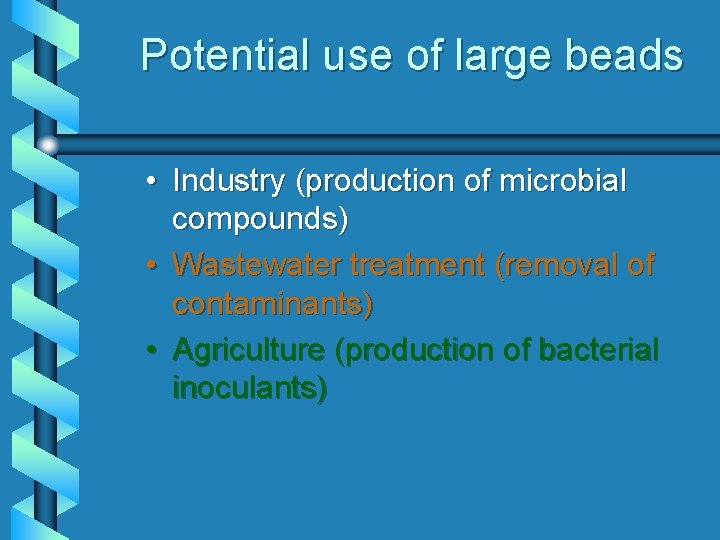 Potential use of large beads • Industry (production of microbial compounds) • Wastewater treatment