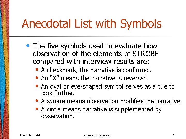 Anecdotal List with Symbols • The five symbols used to evaluate how observation of