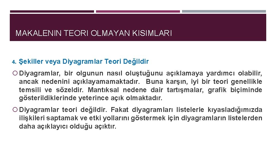 MAKALENIN TEORI OLMAYAN KISIMLARI 4. Şekiller veya Diyagramlar Teori Değildir Diyagramlar, bir olgunun nasıl