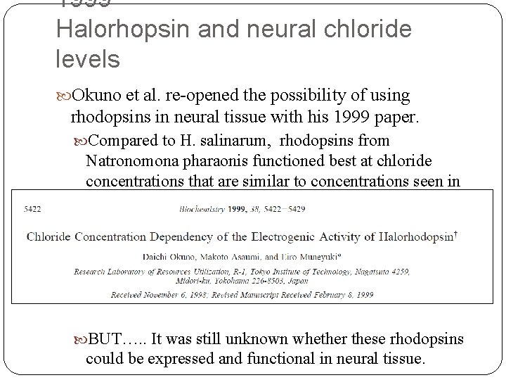 1999 Halorhopsin and neural chloride levels Okuno et al. re-opened the possibility of using