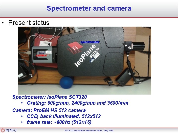 Spectrometer and camera • Present status spectrometer camera Spectrometer: Iso. Plane SCT 320 •