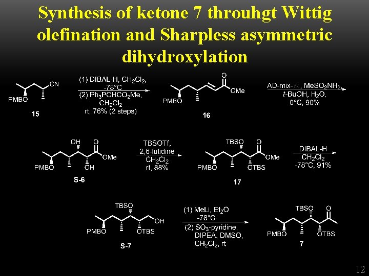 Synthesis of ketone 7 throuhgt Wittig olefination and Sharpless asymmetric dihydroxylation 12 