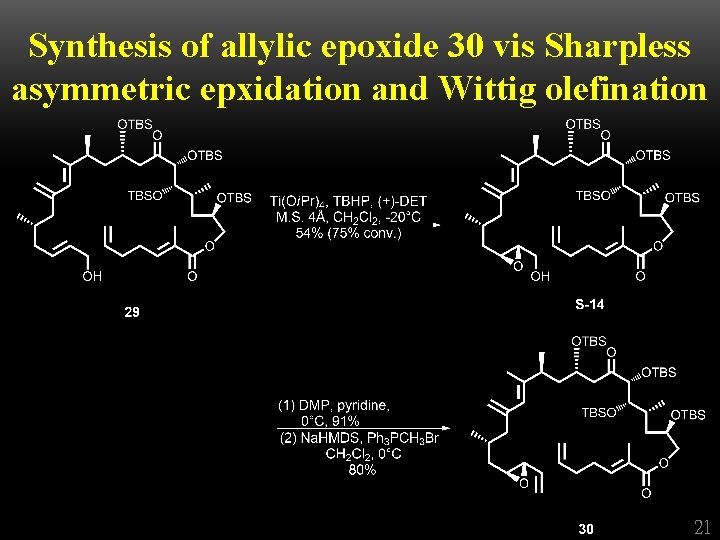 Synthesis of allylic epoxide 30 vis Sharpless asymmetric epxidation and Wittig olefination 21 