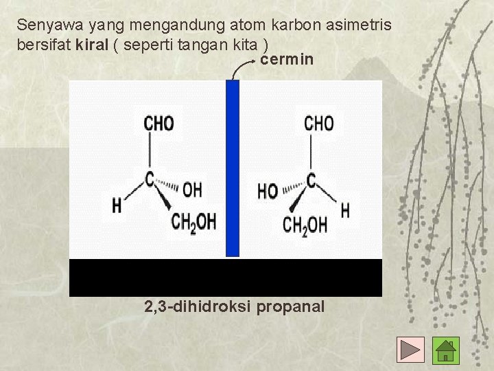 Senyawa yang mengandung atom karbon asimetris bersifat kiral ( seperti tangan kita ) cermin