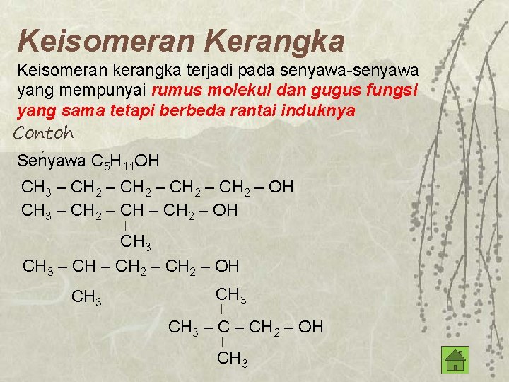 Keisomeran Kerangka Keisomeran kerangka terjadi pada senyawa-senyawa yang mempunyai rumus molekul dan gugus fungsi