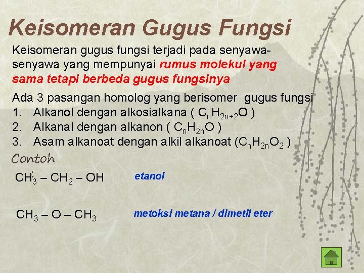 Keisomeran Gugus Fungsi Keisomeran gugus fungsi terjadi pada senyawa yang mempunyai rumus molekul yang