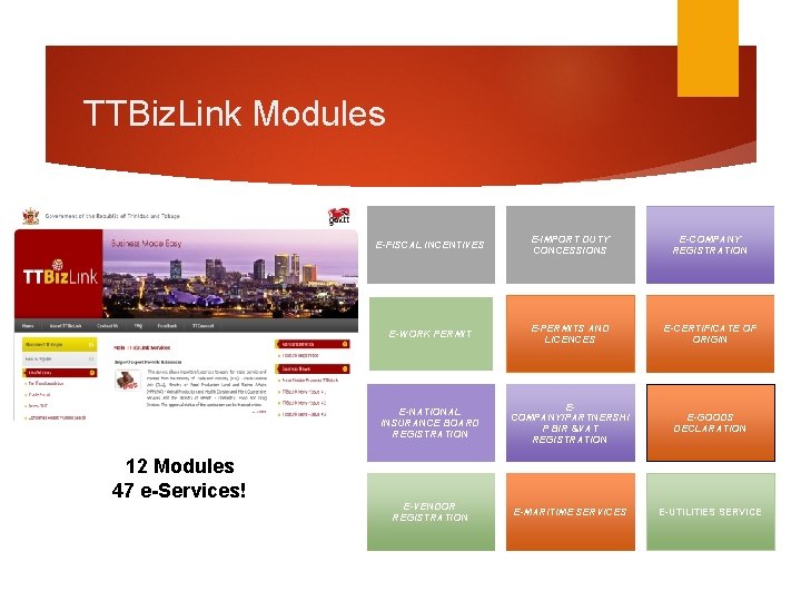 TTBiz. Link Modules 12 Modules 47 e-Services! E-FISCAL INCENTIVES E-IMPORT DUTY CONCESSIONS E-COMPANY REGISTRATION