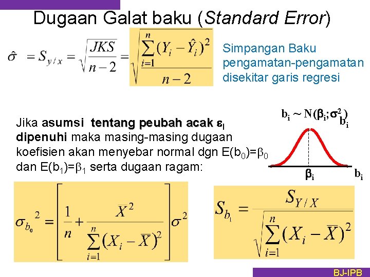 Dugaan Galat baku (Standard Error) Simpangan Baku pengamatan-pengamatan disekitar garis regresi Jika asumsi tentang