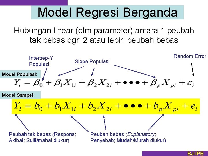 Model Regresi Berganda Hubungan linear (dlm parameter) antara 1 peubah tak bebas dgn 2
